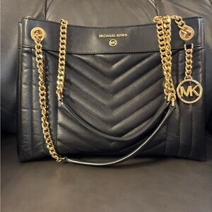 Michael Kors Black Calf Skin Shoulder Bag with Gold Chain
